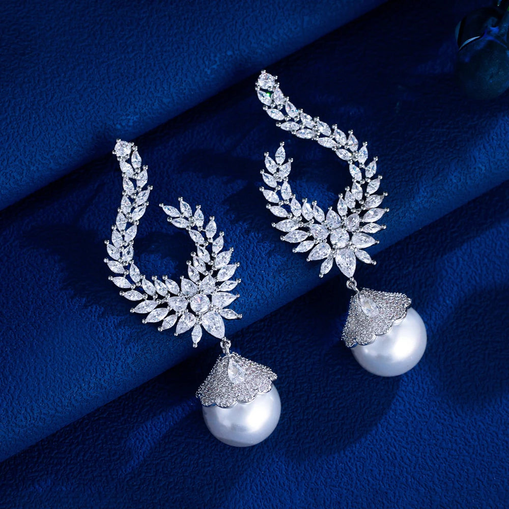 ThreeGraces Elegant Shiny Cubic Zirconia Big Simulated Pearl Long Statement Bridal Earrings Women Wedding Party Jewelry E1936