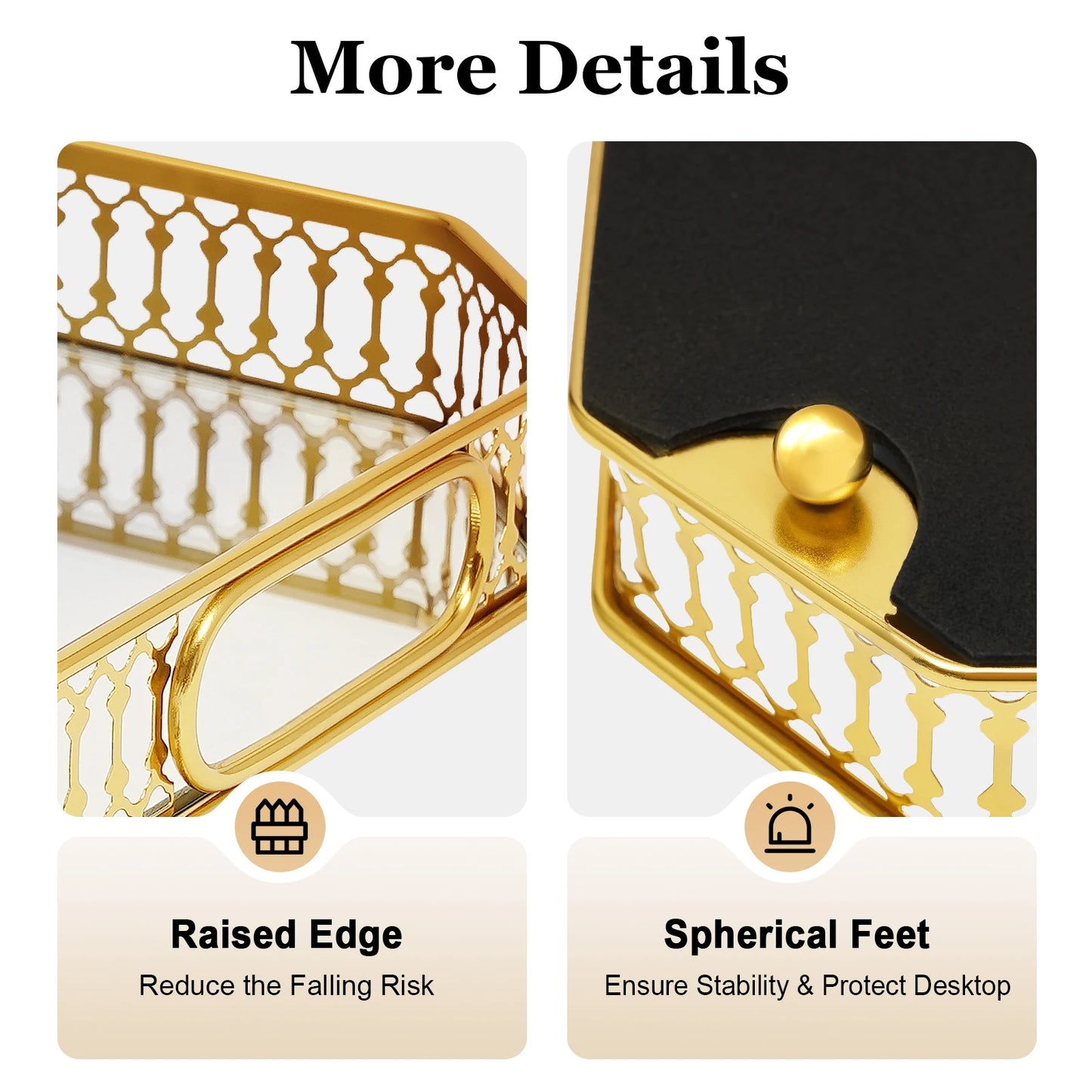 Gold Electroplated Iron Glass Serving Tray Rectangular Cut-out Handles Raised Edge Spherical Feet Decorative Vanity Tray
