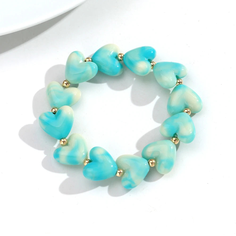 Cute Acrylic Colorful Geometric Heart Beads Elastic Bracelets New Love Heart Beaded Stackable Bangle Bracelet Women Jewelry Gift