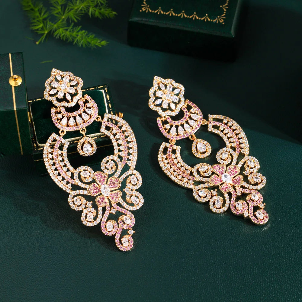 ThreeGraces Vintage Pink Zirconia Luxury Long Big Dangle Earrings for Women Delicate Wedding Evening Party Jewelry E1764