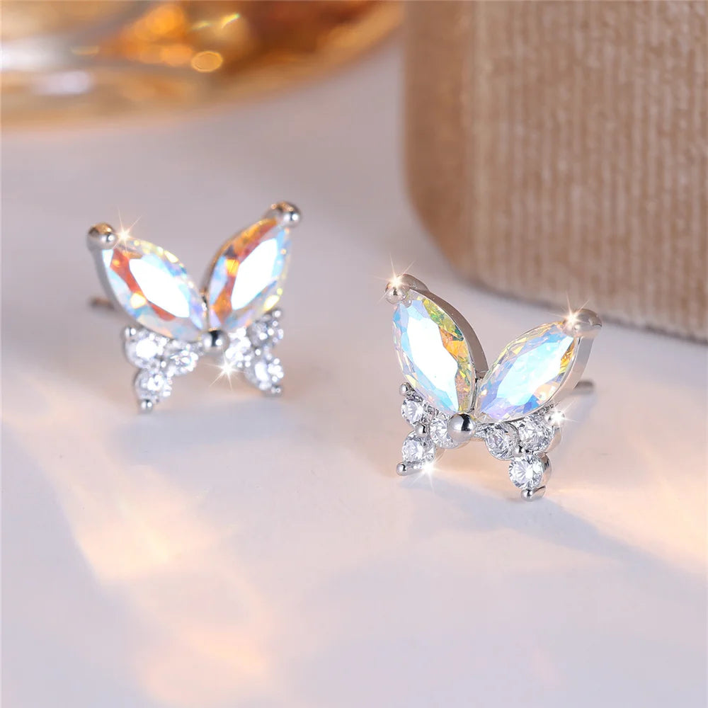 Cute Female White Butterfly Zircon Stone Stud Earrings Silver Color Uquare Girlfriend Gift Wedding Jewelry For Women