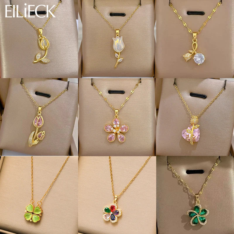 EILIECK 316L Stainless Steel Fashion Chic Cubic Zirconia Flower Pendant Necklace Tarnish Resistant Stylish Neck Chain Jewelry