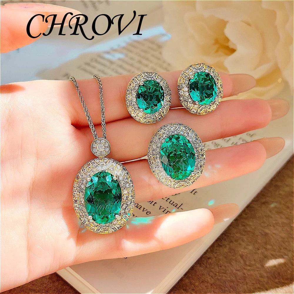 Luxury-Style 925 Sterling Silver Two-Colored Pendant Necklace Stud Earrings White Diamond Ring Gemstone Set