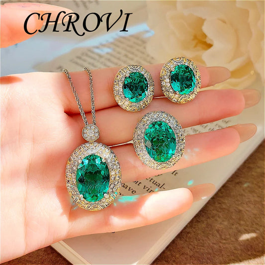 Luxury-Style 925 Sterling Silver Two-Colored Pendant Necklace Stud Earrings White Diamond Ring Gemstone Set