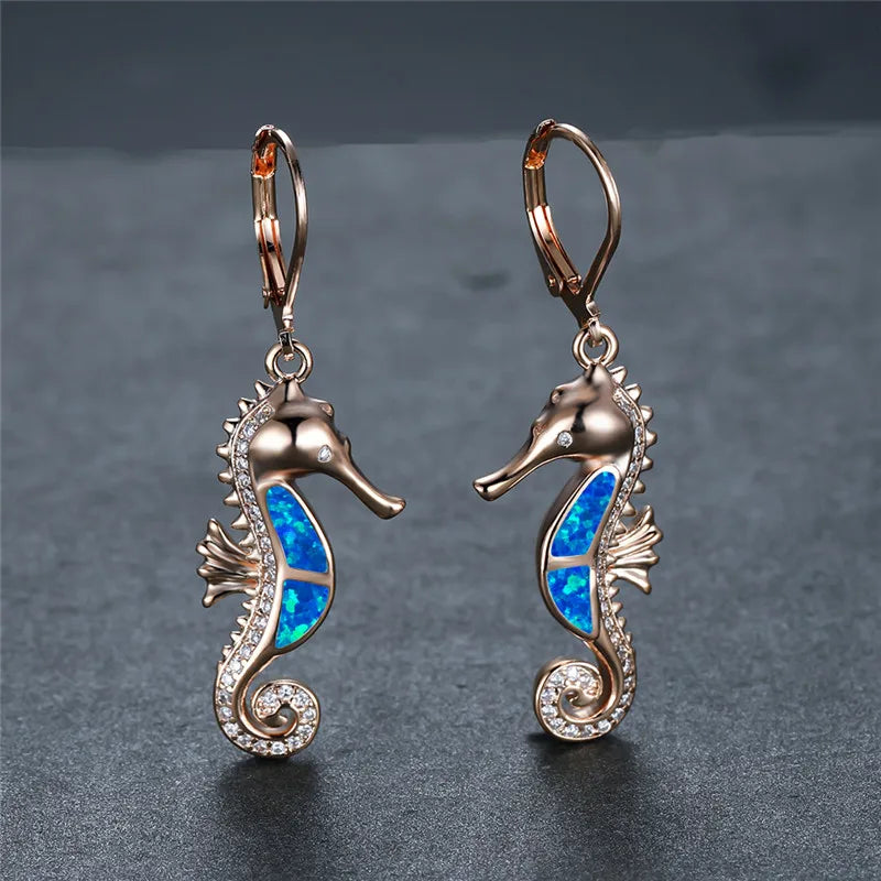 Cute Female Sea Horse Hoop Earring White Blue Opal Stone Animal Jewelry Rose Gold Silver Color Wedding Earrings For Women