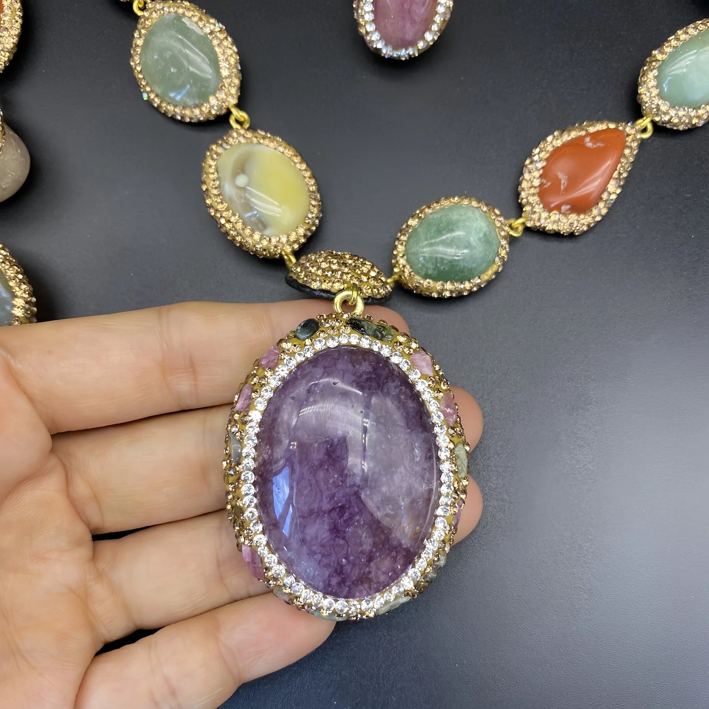 Colorful Multi Crystal Stone Jewelry Sets Natural Amethyst Tiger's Eyes Quartz Inlaid Rhinestone Beaded Necklace Earring