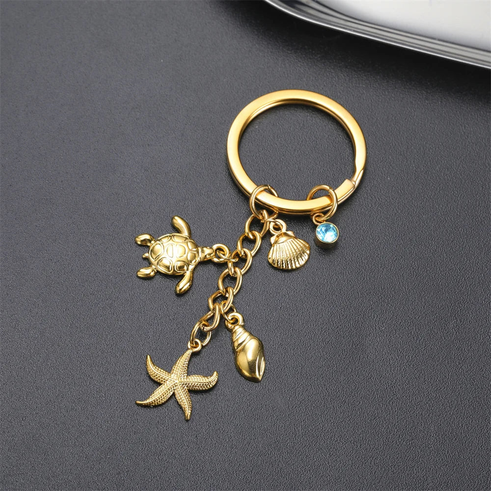 Turtle Starfish Shell Keychain Ocean Theme Stainless Steel Seashell Conch Crystal Charms Key Ring Fashion Beach Bag Holiday Gift
