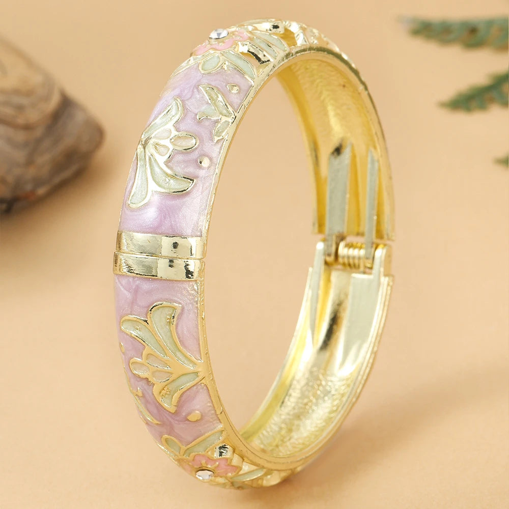 Jardme 1PCS Wide Hollow Enamel Bracelet For Women Vintage Indian Chinese Luxurious Cloisonne Bangles Women's Daily Jewelry