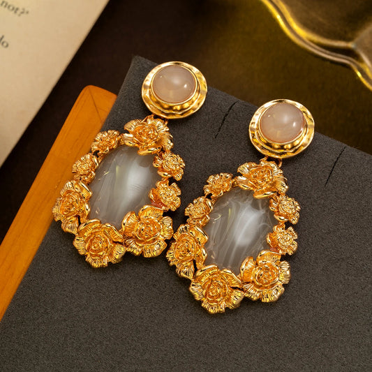 A Pair of Vintage, Gorgeous, Everyday Fashion Earrings in Rose Gold with Rose Flowers Surrounding Them, an Accessory for Attending Banquets, Music Festivals, Vacations, and the Beach, a Gift for Women