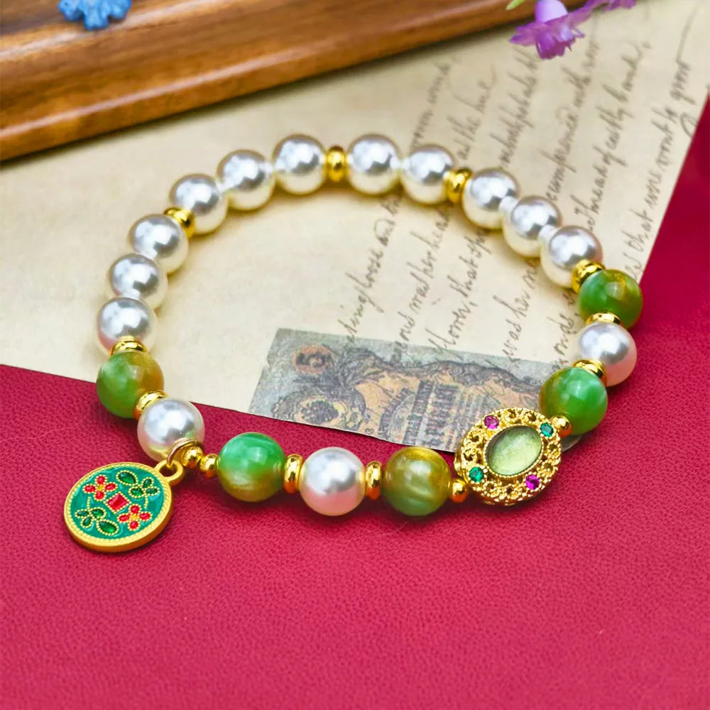 NEW Pearl Green stone Beaded Bracelet for Women Golden Enamel Charm Chinese Boho Bracelet Wedding Party Daily Wear Jewelry Gift