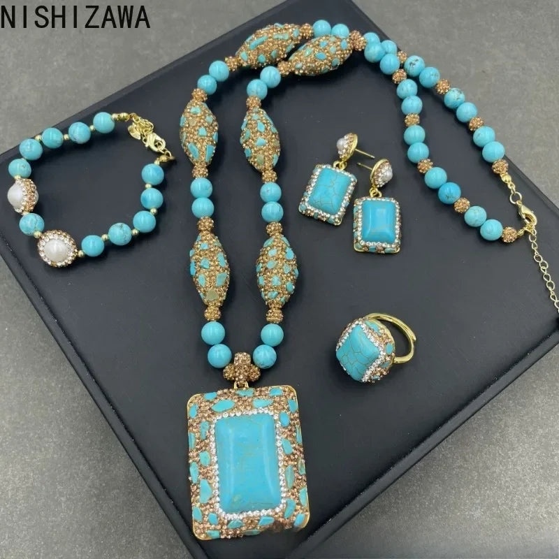 Turkish Natural Blue Turquoise Earrings Women Gemstone Rhinestone Crystal Jewelry Sets Party Wedding Dress Accessories Aretes
