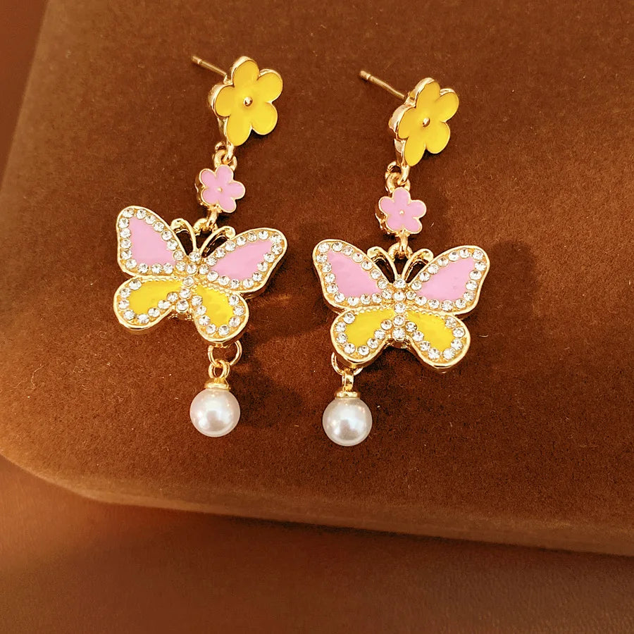 Pink Yellow Butterfly Flower Jewelry Set Sweet Enamel Necklace Drop Earrings Women's Fashion Party Banquet Accessories K