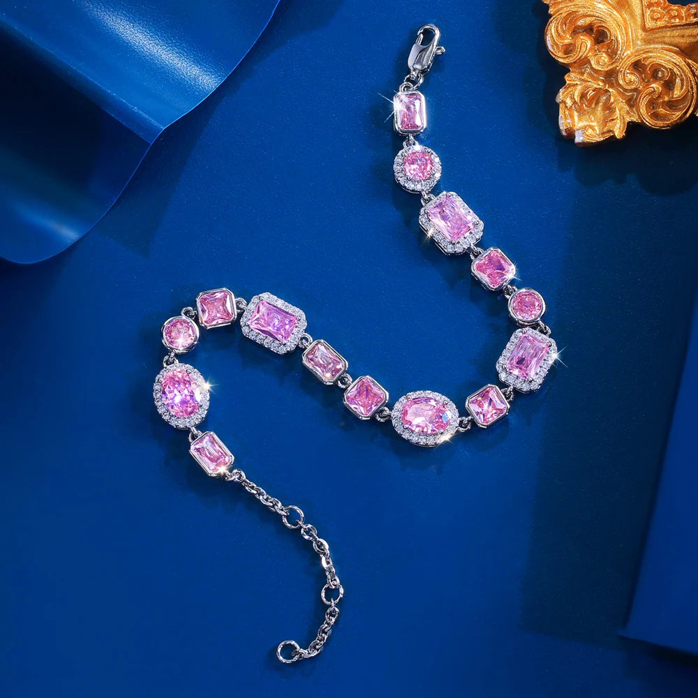 ThreeGraces Elegant Shiny Pink Zirconia Vintage Bridal Geometric Link Chain Bracelet for Women Fashion Daily Party Jewelry BR432