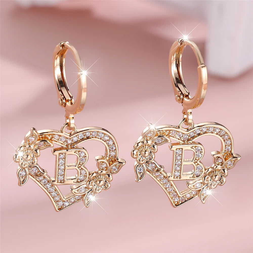 Female A-Z 26 Letter Heart Flower Hoop Earrings Yellow Gold Color White Zircon Wedding Jewelry For Women