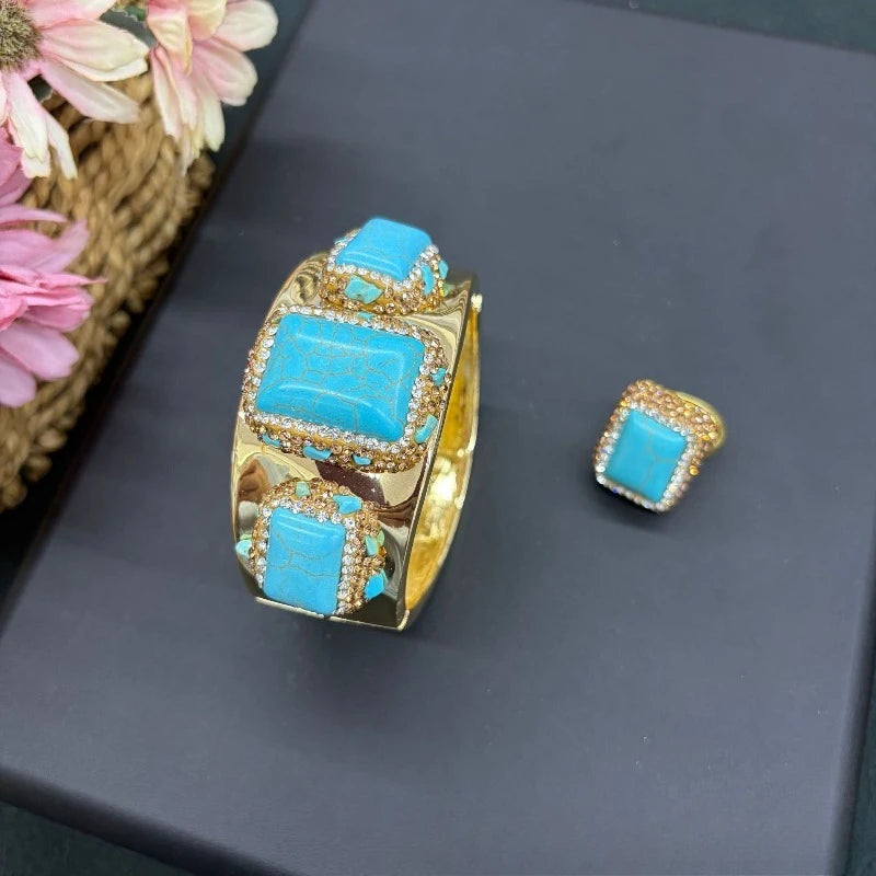 Vintage Luxury Gold Plated Jewelry Set for Women Turquoise Rhinestone Bangle & Ring Elegant Statement Wedding Party Accessories