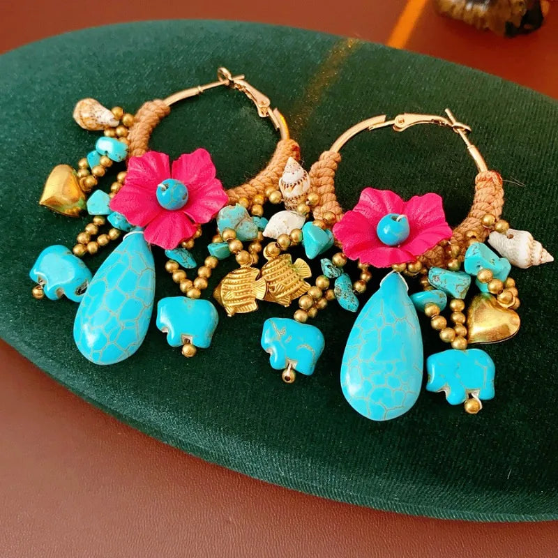 NISHIZAWA Bohemian Stones Earrings for Women Flowers Tassels Fashion Jewelry Elegant Beach Style Retro Aretes De Mujer