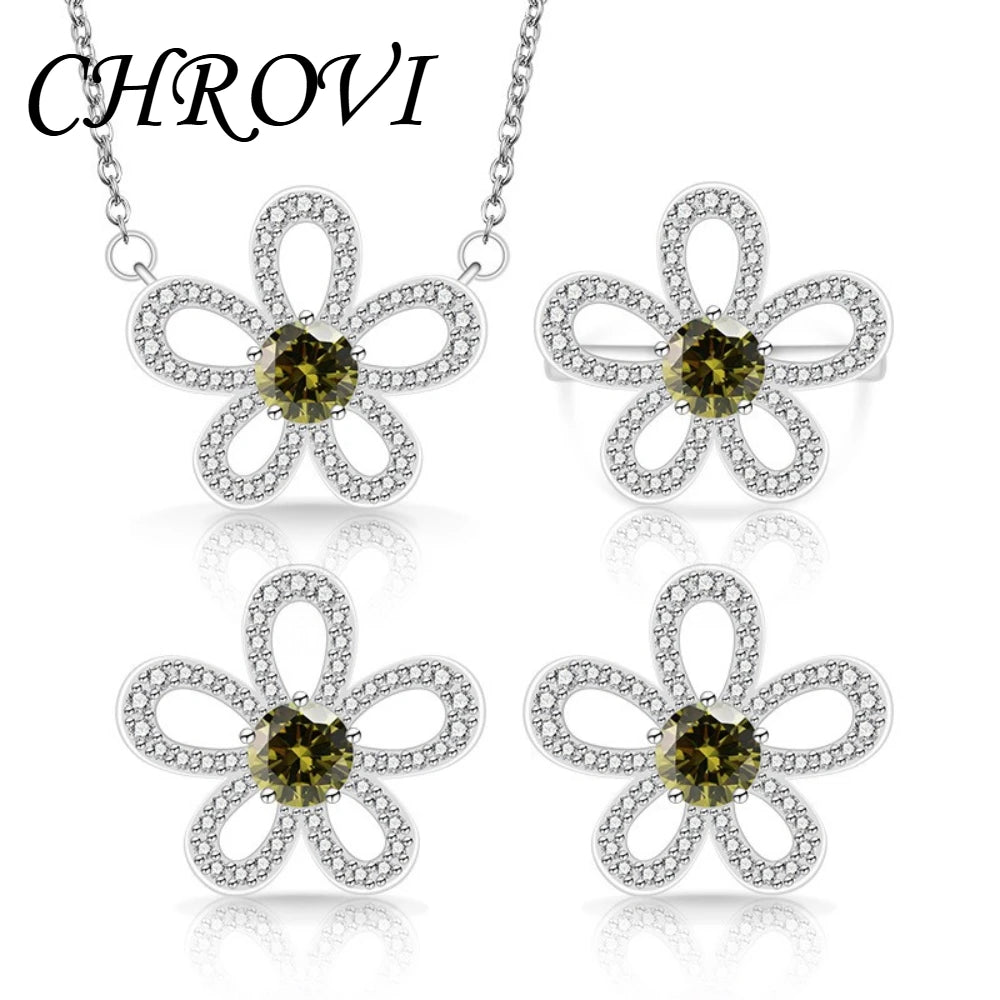 Sweet 925 sterling silver luxury full-diamond five-petal flower gemstone pendant ring earring three-piece jewelry set