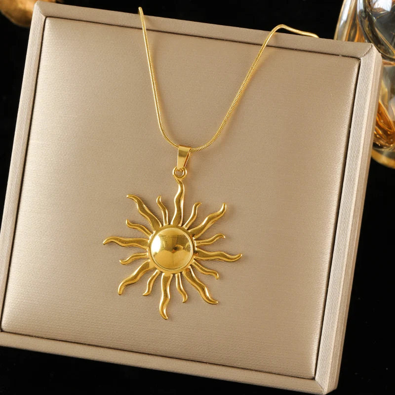 EILIECK 316L Stainless Steel Metal Sun Starfish Shells Pendant Necklace For Women Exquisite Neck Chain Waterproof Jewelry Gift