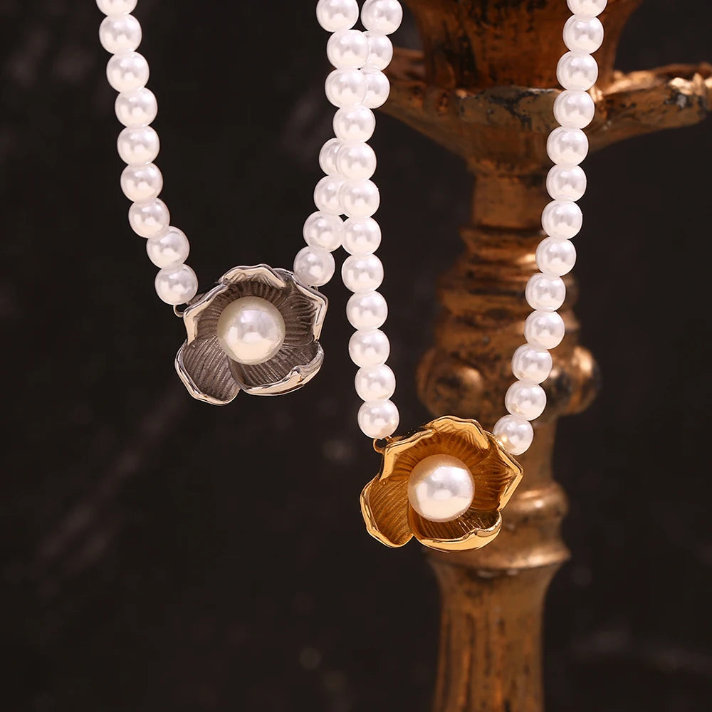 E.B.belle Imitation Pearl Flower Pendant Necklace Hypoallergenic 316L Stainless Steel Accessories 18K Gold Plated Gift