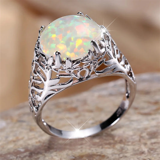 White Fire Opal Big Round Stone Vintage Hollow Rings For Women Fashion Silver Color Engagement Bands Jewelry Christmas Gifts