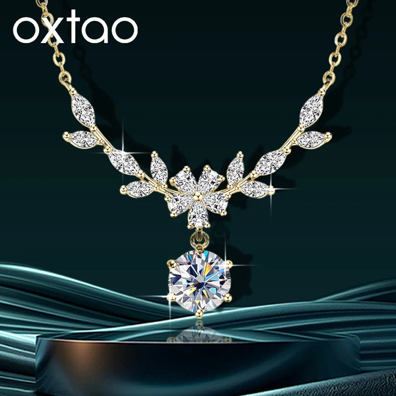 OXTAO Light Luxury Floral-Style Moissanite Necklace 2CT VVS1 14K Gold Filled for Women Pendant Necklace Romantic Wedding Jewelry