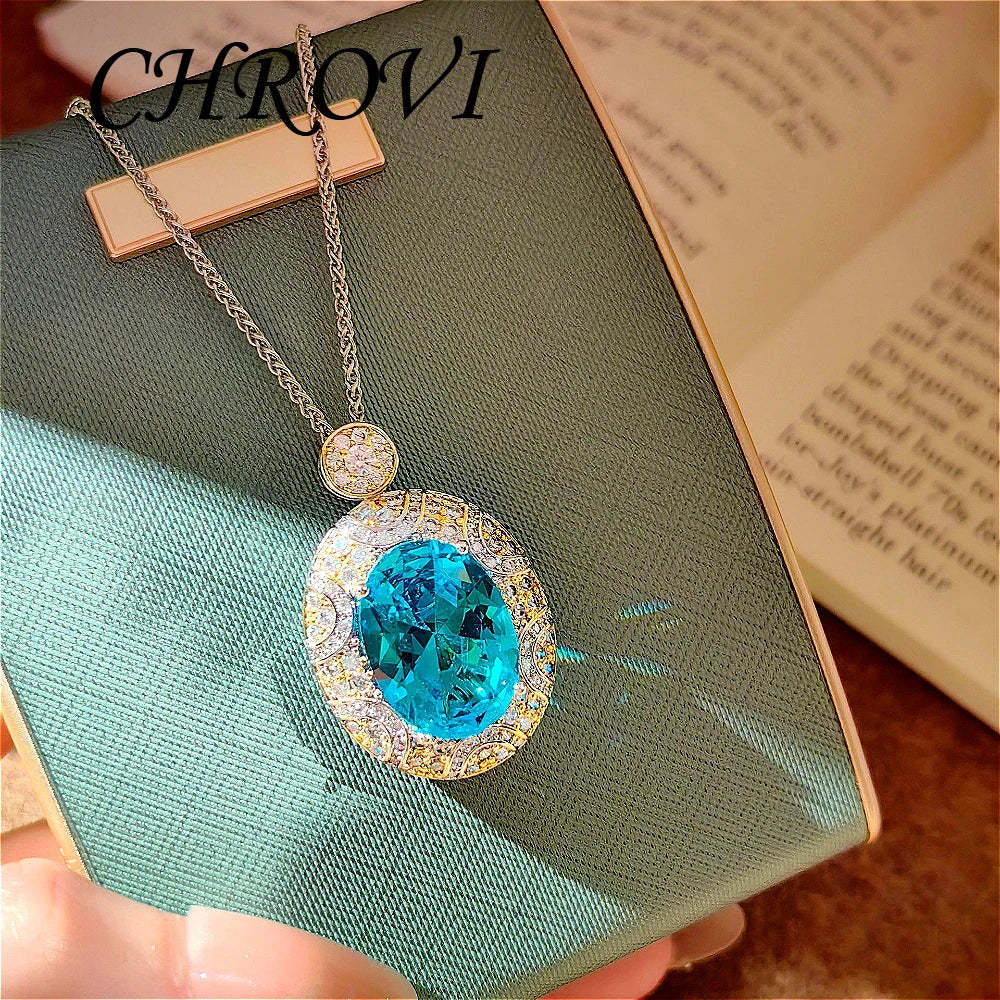 Luxury-Style 925 Sterling Silver Two-Colored Pendant Necklace Stud Earrings White Diamond Ring Gemstone Set