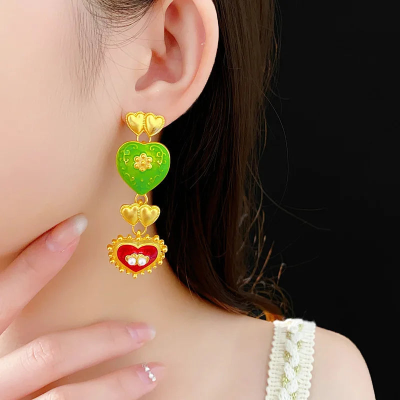 Vintage Bracelet Earrings Set for Women Drip Oil Love Flower Drop Earrings Light Luxury Jewelry Sets Wedding Party Gift