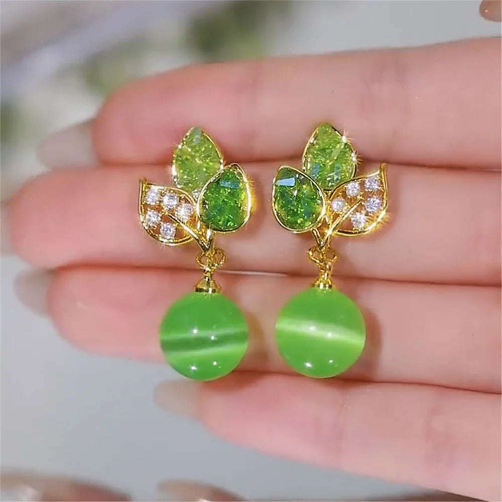 Female Gold Color Small White Green Zircon Stone Stud Earrings Lovely Bridal Wedding Jewelry For Women