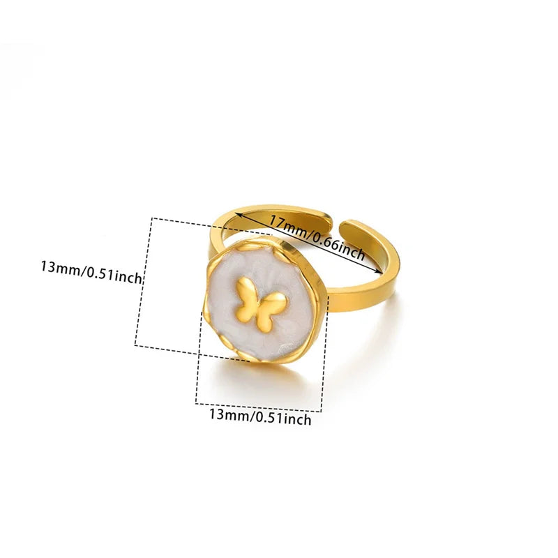 EILIECK 316L Stainless Steel Enamel Starfish Shells Open Adjustable Ring for Women Waterproof Chic Beach Summer Ring Jewelry