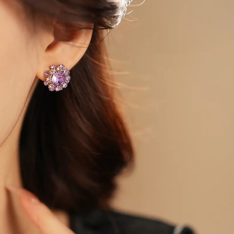 Vintage Amethyst Round Flower Cluster Necklace Bracelet Earring Jewelry Set Antique Silver Luxury Women Bridal Wedding Jewelry N