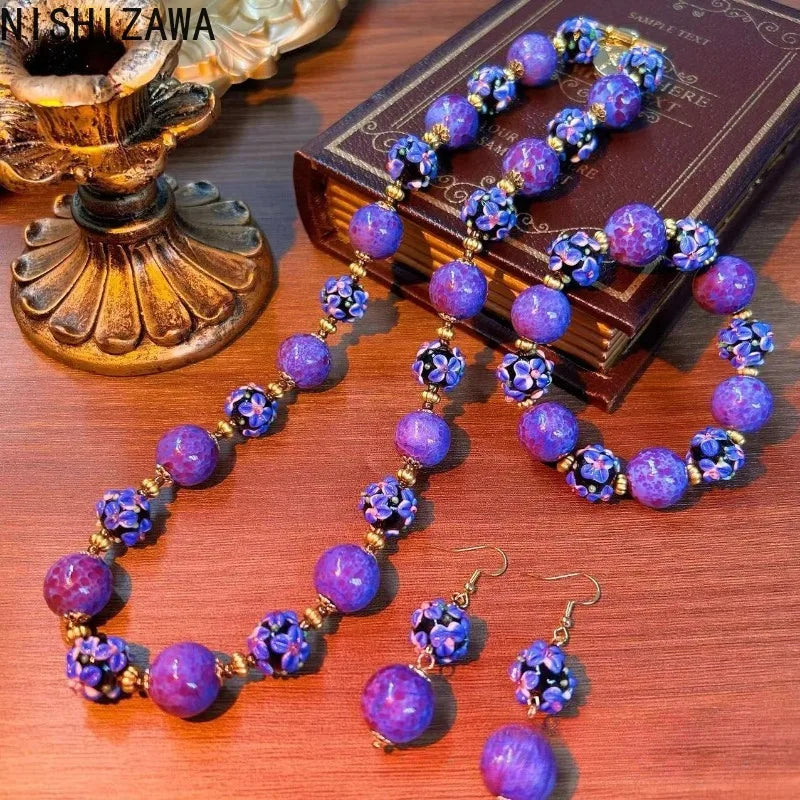 NISHIZAWA Purple Beads Earrings for Women Palace Style Vintage Jewelry Fashion Elegant Banquets Pendientes Mujer