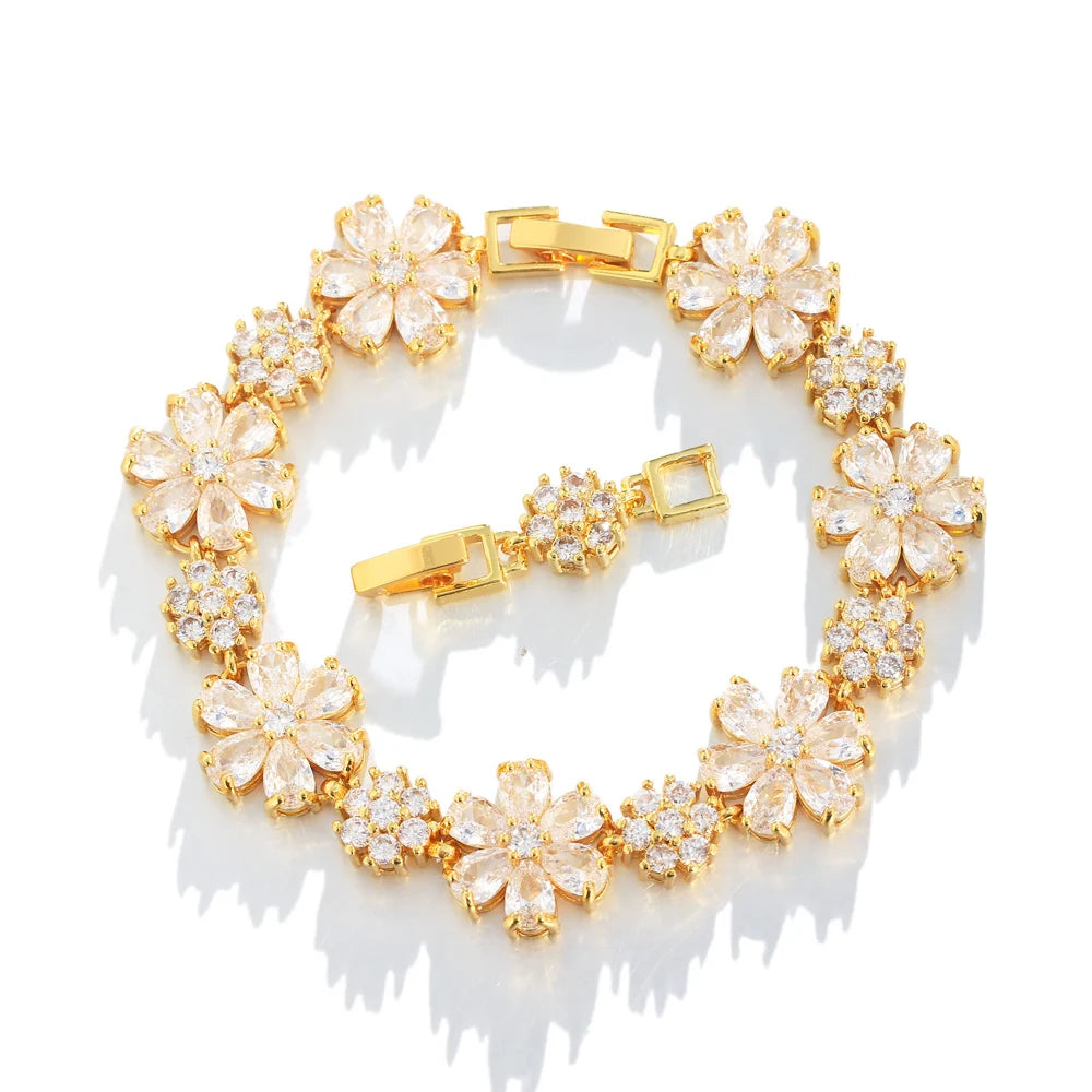 ThreeGraces High Quality Green Cubic Zirconia Gold Color Flower Link Chain Bracelet for Women Fashion Dubai Party Jewelry BR294