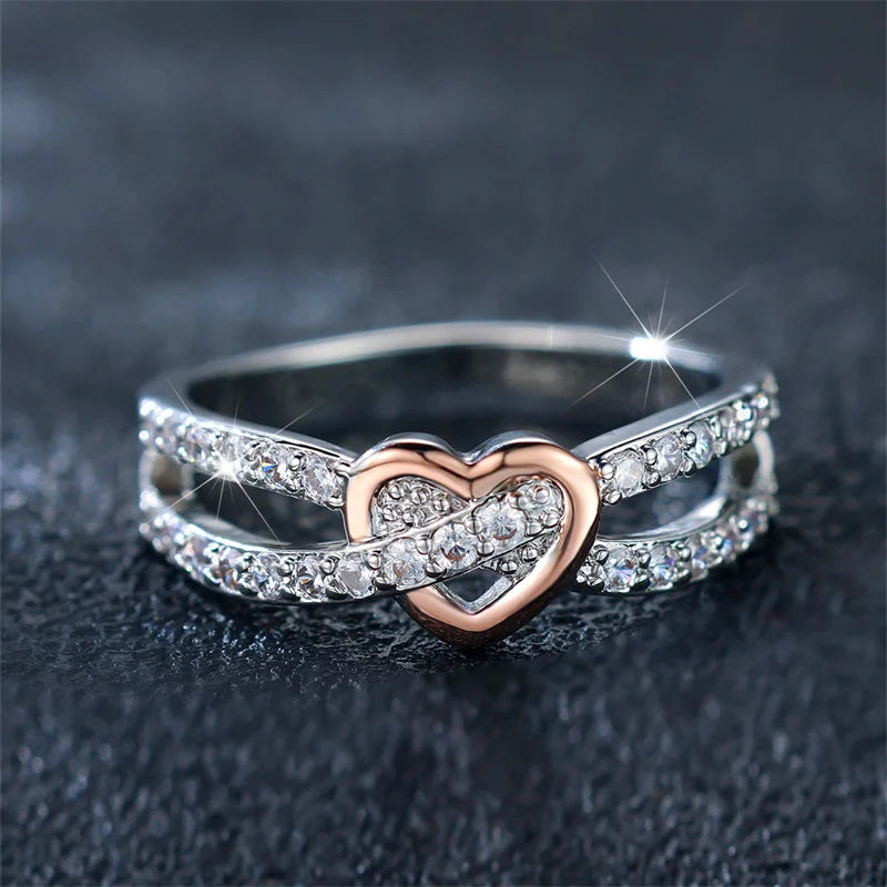 Simple Female White Zircon Stone Ring Rose Gold Silver Color Heart Engagement Bride Wedding Jewelry For Women