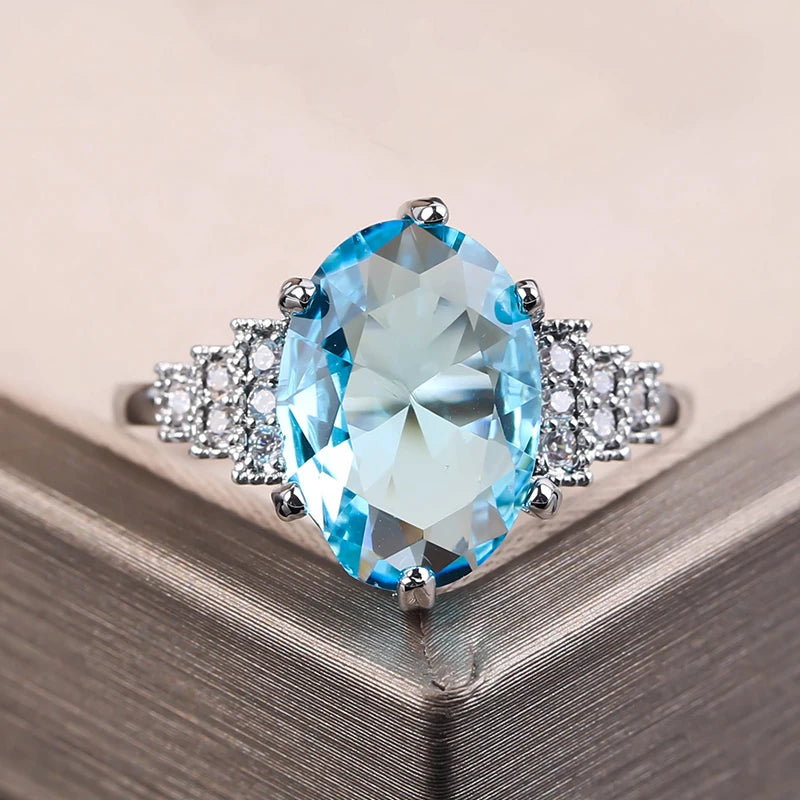 Fashion Silver Plated Oval Water Blue Glass Filled Rings Engagement Ring for Women Accessories Female Wedding Jewelry Gift