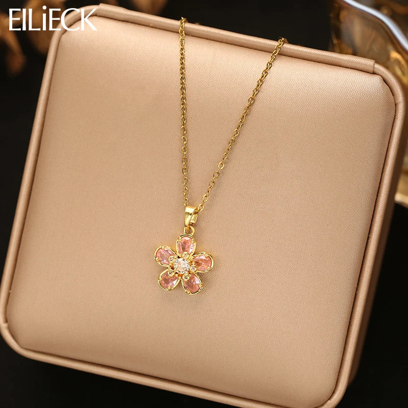EILIECK Women's Trendy Floral Pink Zirconia Pendant Necklace Stainless Steel Neck Chain Daily Water-resistant Jewelry Lady Gift