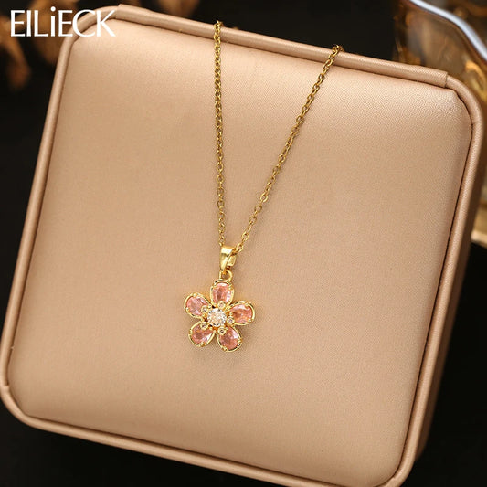 EILIECK Women's Trendy Floral Pink Zirconia Pendant Necklace Stainless Steel Neck Chain Daily Water-resistant Jewelry Lady Gift