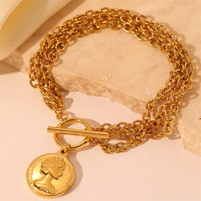 EILIECK New Fashion Stainless Steel Coins Heart Charm Bracelet For Women Trendy Gold Silver Color Wrist Chain Jewelry Lady Gift