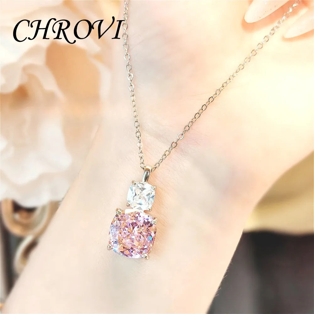 Fashion 925 Sterling Silver Pink Diamond Necklace with Purple Pendant, Stud Earrings, Ring, and Coloured Gemstone Set for Women