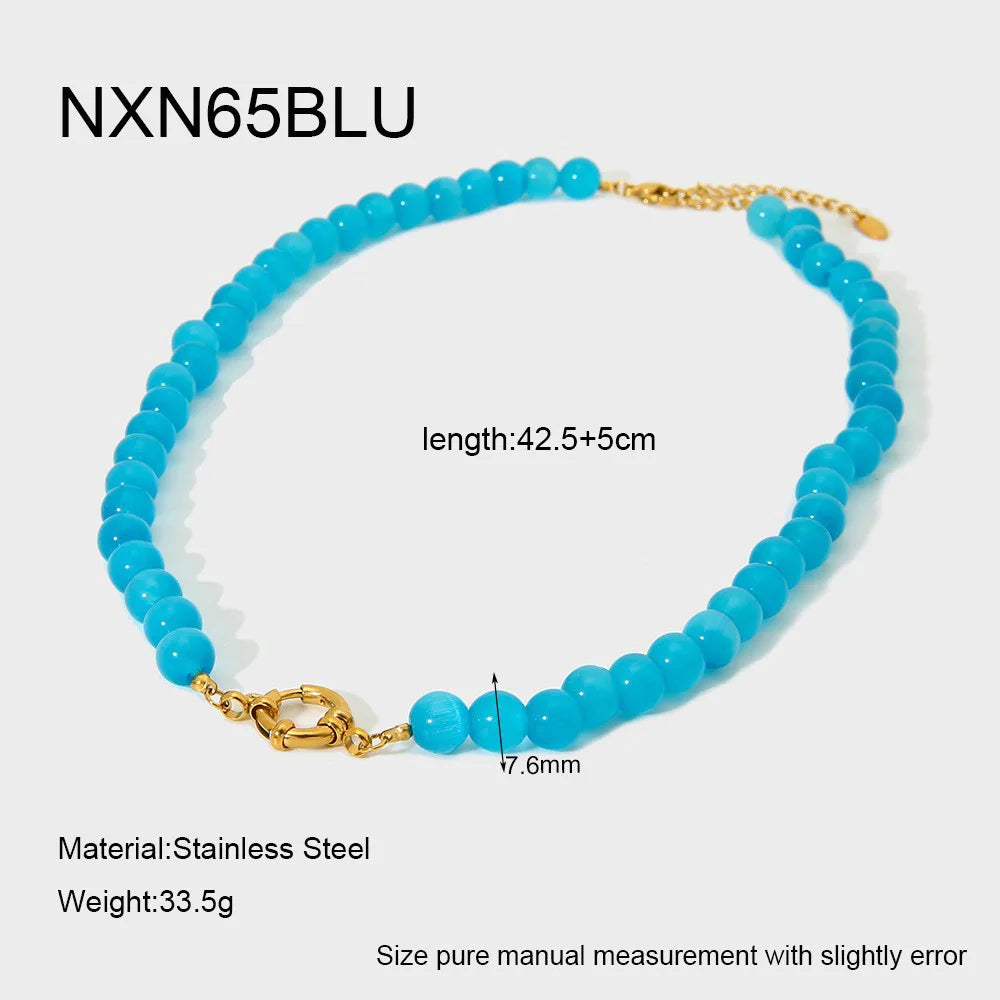 2026 Rainbow Cats Eye Glass Bead Choker Necklace 18K Gold Plated Stainless Steel Summer Bikini Gift for Women Girls