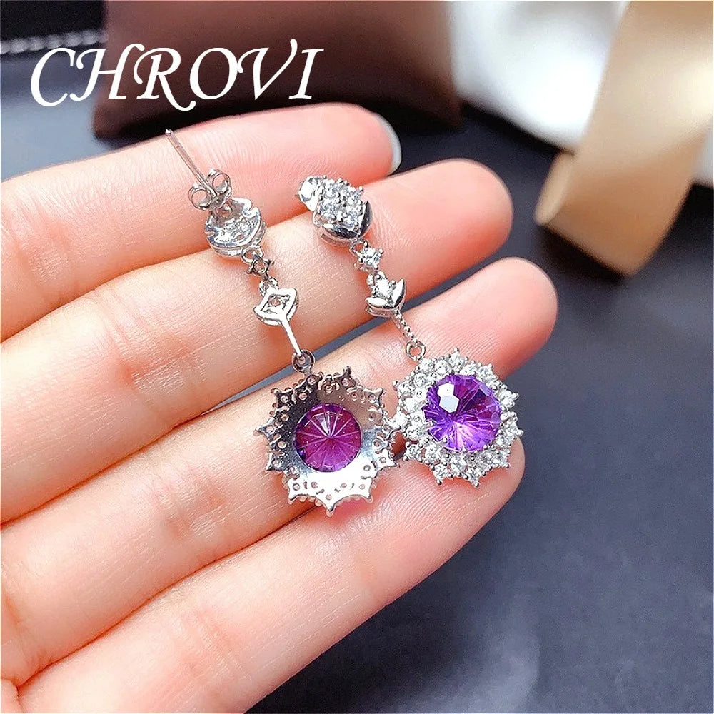 New 925 pure silver purple crystal ring pendant earring set - Sparkling cut purple crystal necklace