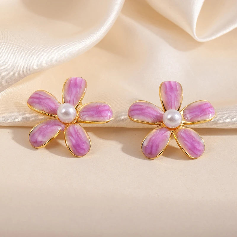 ANENJERY 316L Stainless Steel Colorful Enamel Flower Butterfly Earrings For Women French Delicate Elegant Jewelry Birthday Gifts