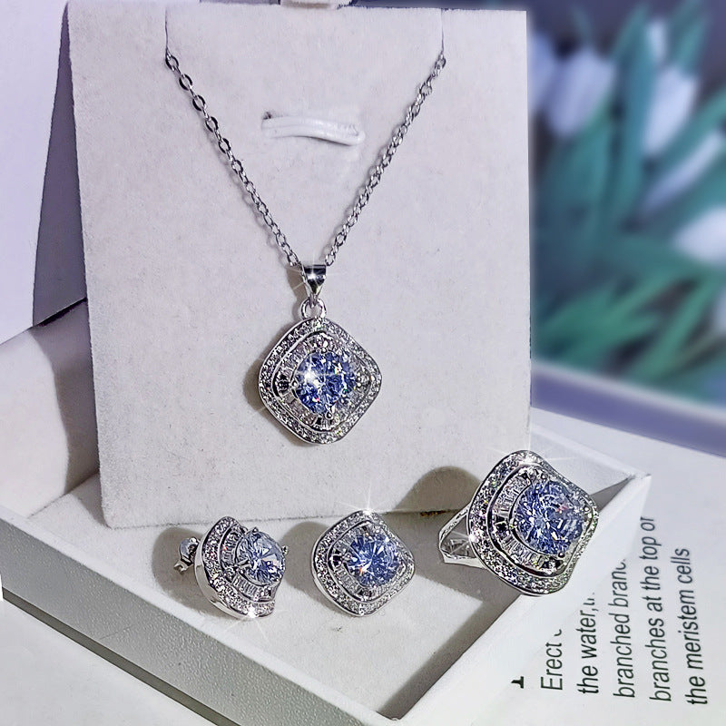 925 sterling silver square ZC ring full ZC micro inlaid earrings pendant clavicle necklace three-piece jewelry set party gift