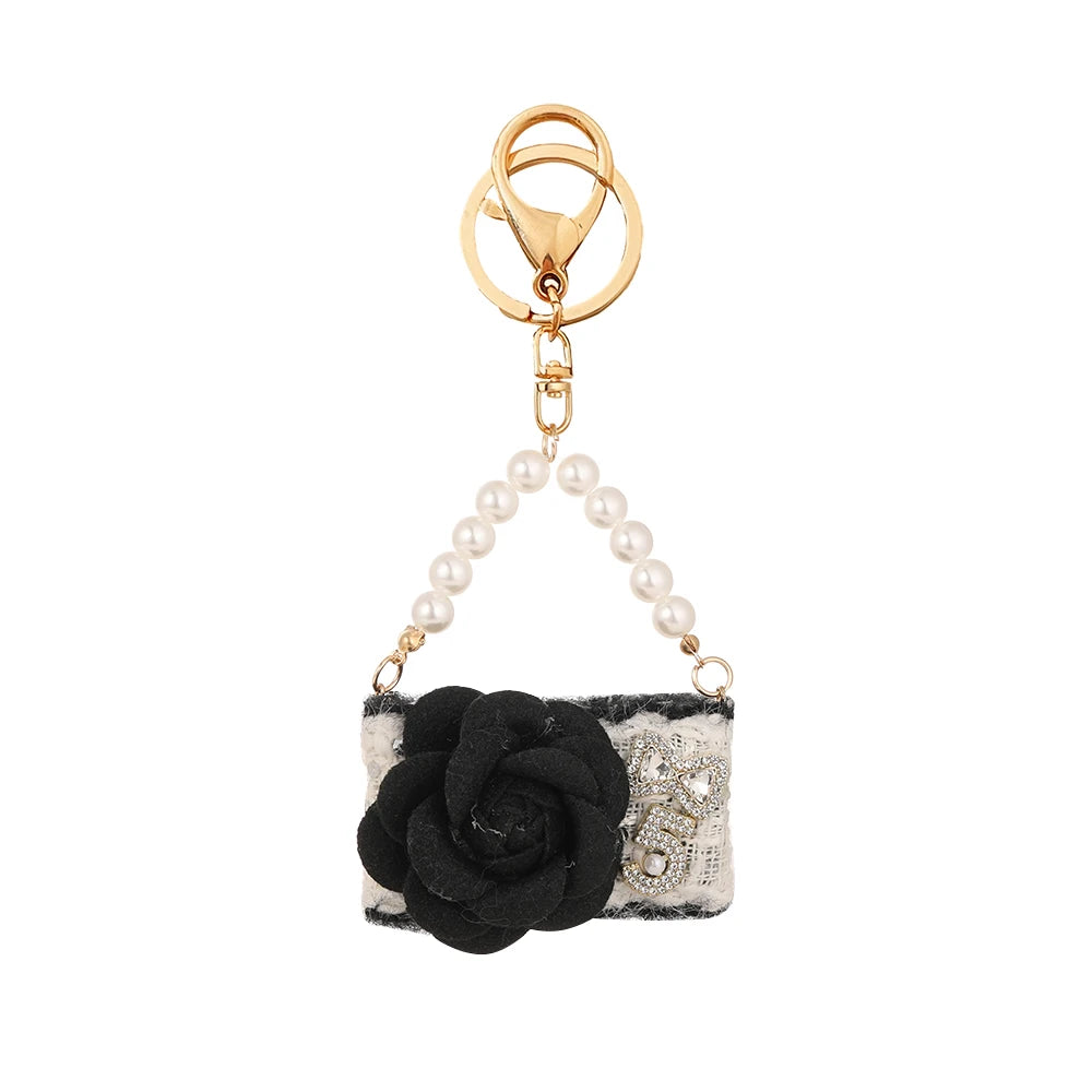 Camellia Keychain Luxury Crystal Bow Pearl Chain Black and White Flower Women's Bag Pendant Handbag Key Ring