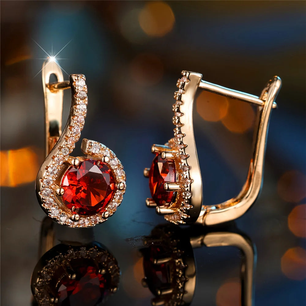 Charm Female White Red Round Zircon Stone Hoop Earrings Fashion Gold Color Wedding Jewelry For Women