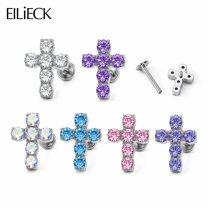 EILIECK 1Pcs ASTM F136 Titanium Spiral Cross Zirconia Ear Piercing 16G Lip Nose Body Piercing Earrings Body Piercing Jewelry