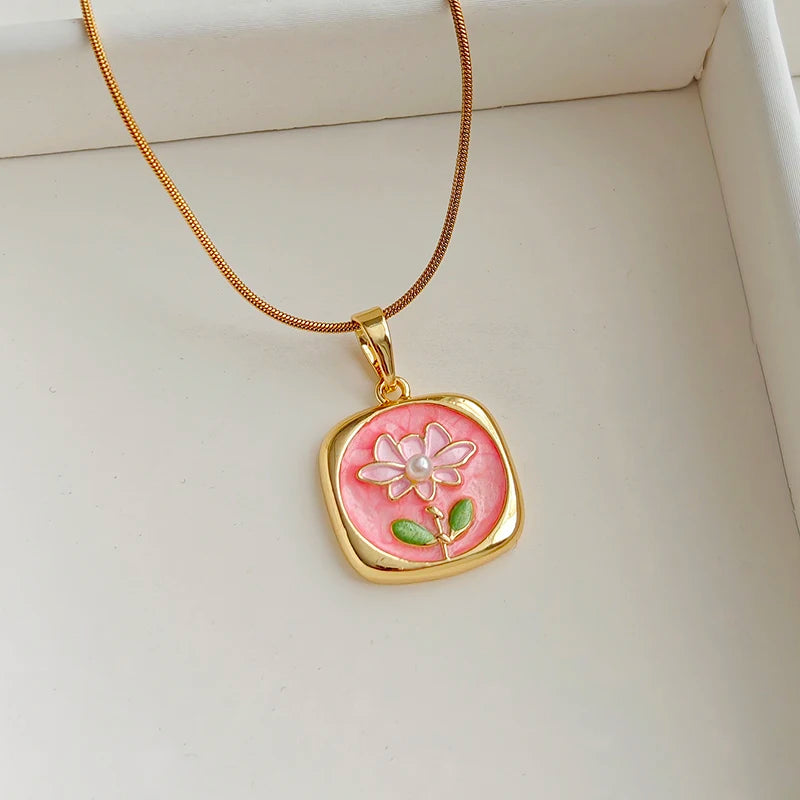 ANENJERY 316L Stainless Steel Colorful Square Lotus Necklace For Women Summer Holiday Glamorous Jewelry Gift Wholesale