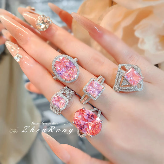 925 Silver Fashion Inlaid Zircon Engagement Ring Pink Crystal Women Shiny Zircon Jewelry Geometry Pink Women's Ring