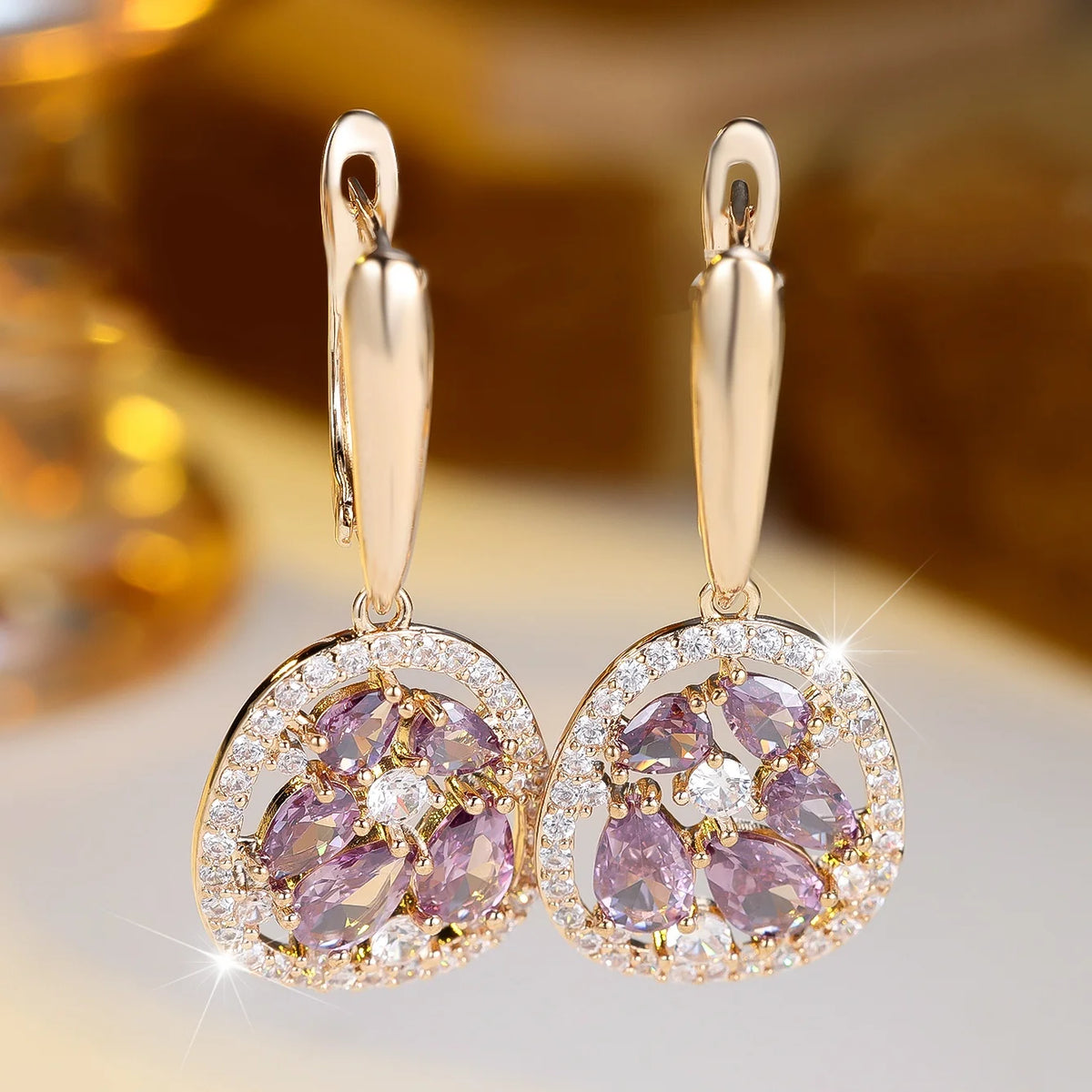 Charm Cute Female Small Waterdrop Purple Zircon Stone Fashion Drop Dangle Earrings Unique Gold Color Wedding Jewelry For Women