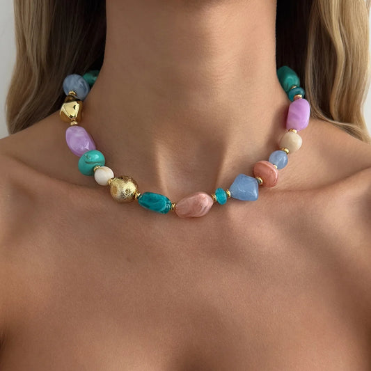 KMVEXO 5 Styles New Boho Colorful Acrylic Beaded Choker Necklace Women Vintage Adjustable Stackable Clavicle Chain Jewelry Gift