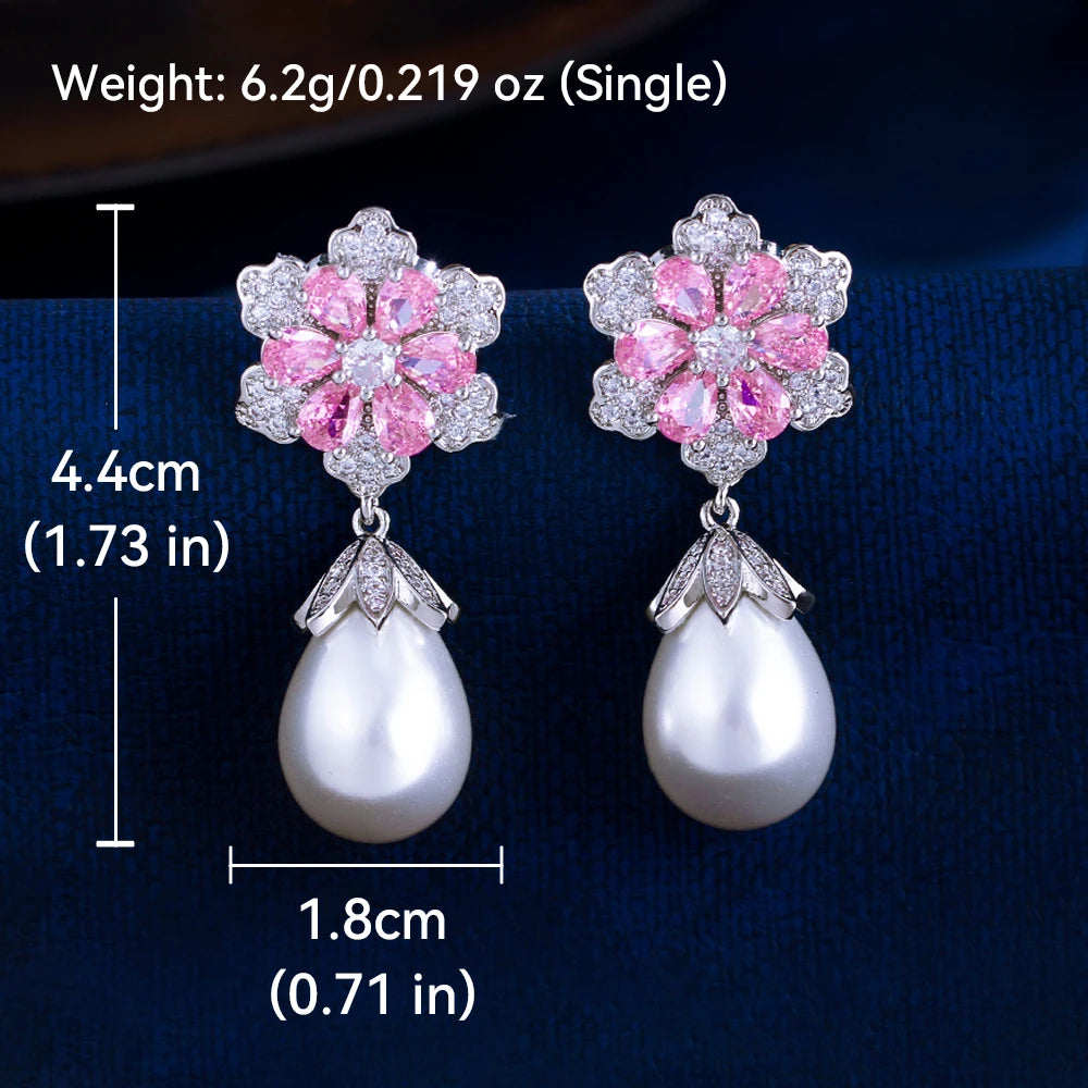 ThreeGraces Delicate Shiny Pink Zirconia Simulated Pearl Long Flower Drop Earrings for Women Bridal Wedding Party Jewelry E1929